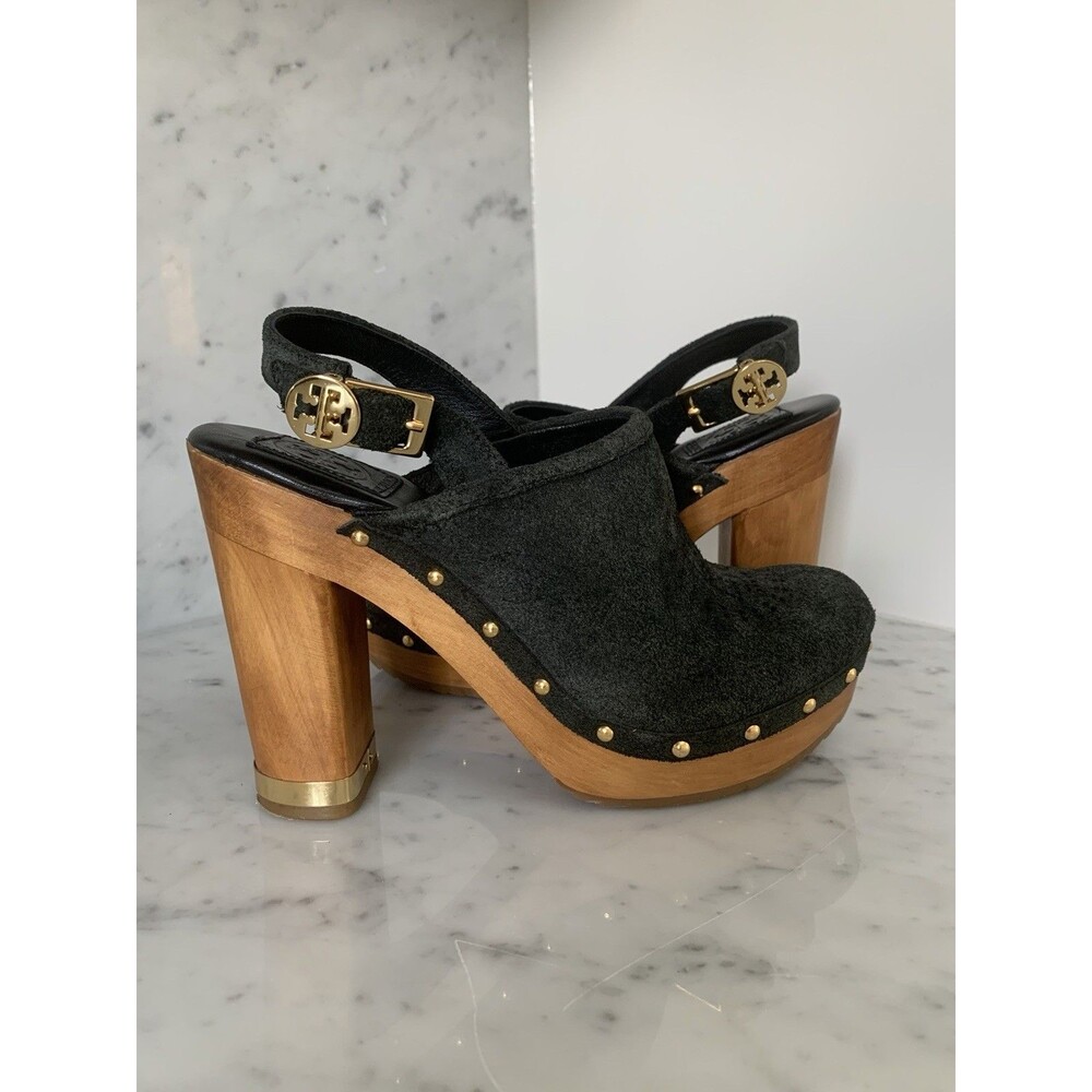 Tory Burch Blue Suede Sz 8 Logo Studded Slingback Wooden Heels Clogs - Picture 2 of 8